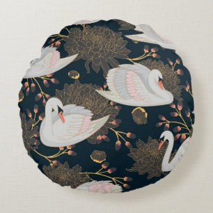 Coussins Ronds Cygnes et chrysanthèmes, motif naturel.