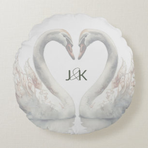 Coussins Ronds Cygnes Romantiques Monogramme de Couple de Mariage