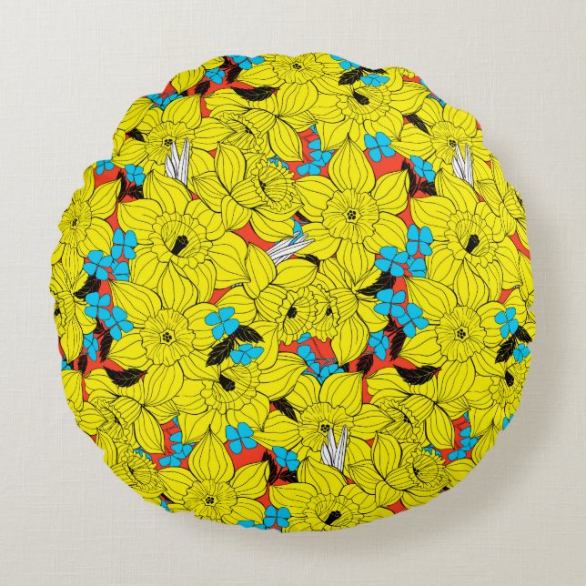 Coussins Ronds Daffodiques motif floral printanier (Devant)