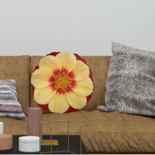 Coussins Ronds Dahlia jaune sur fond floral rouge brique