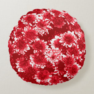 Coussins Ronds Dahlia Motif moderne, rouge foncé et blanc
