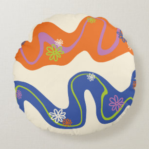 Coussins Ronds Daisy Groove Bleu, Orange, Violet, Vert et Crème