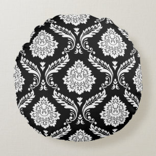 Coussins Ronds Damas Rococo Grand Motif Blanc sur Noir