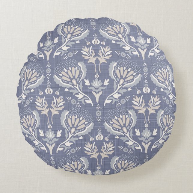 Coussins Ronds damassé bleu français, chic et ringard. (Devant)
