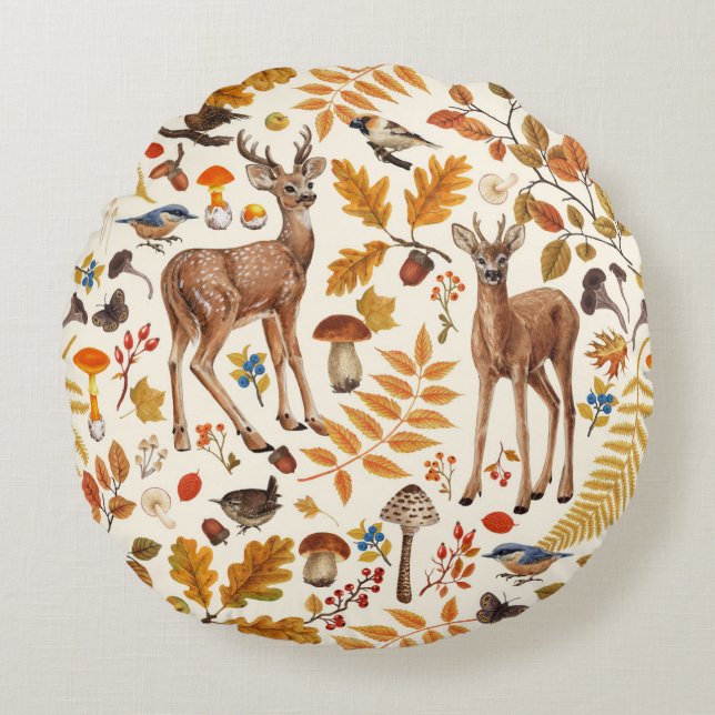 Coussins Ronds Dans les bois / Cerf d'automne sur le blanc (Devant)