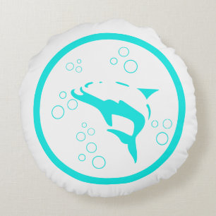 Coussins Ronds Dauphin DOLPHIN blanc bleu sarcelle bulles nautiqu