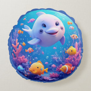 Coussins Ronds 🐬 Dauphin souriant dans des vagues bleu vif 🌊✨