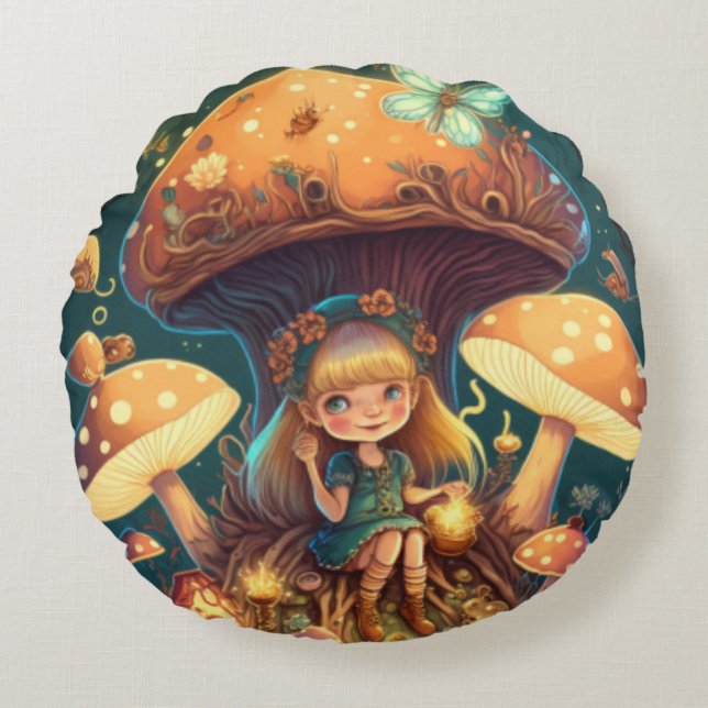 Coussins Ronds De beaux elfes mignons jouent sous les champignons (Devant)