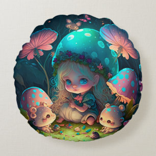 Coussins Ronds De mignons petits lutins jouent sous des champigno