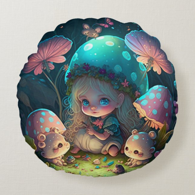 Coussins Ronds De mignons petits lutins jouent sous des champigno (Devant)