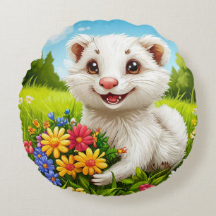 Coussins Ronds Déco Peluche Ronde Furet Blanc Mignon