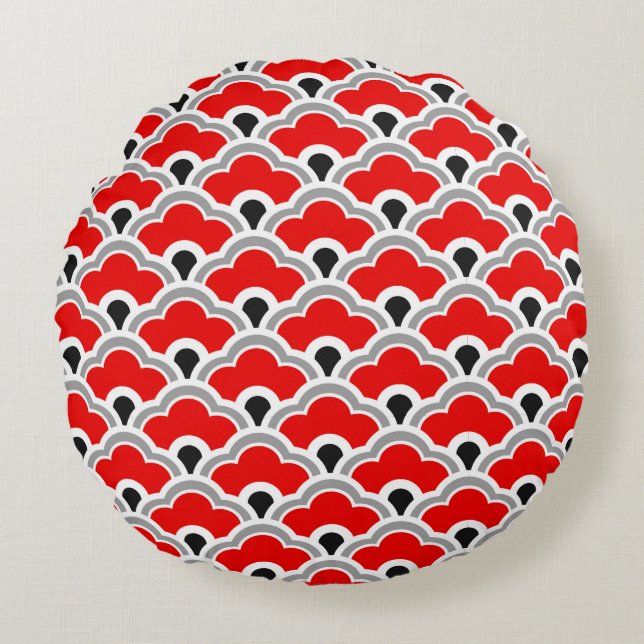 Coussins Ronds Déco pétoncles chinois, rouge, gris, noir et blanc (Devant)