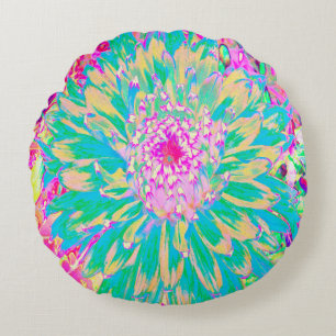 Coussins Ronds Décor Turquoise vert et rose chaud Dahlia Flower