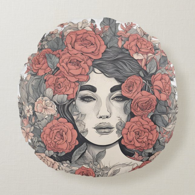 Coussins Ronds Déesse florale - Femme élégante avec Rose (Devant)