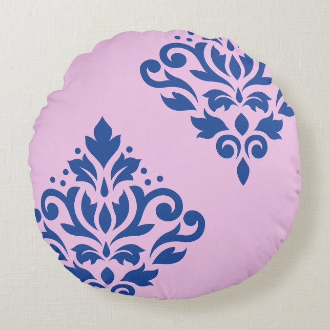 Coussins Ronds Défiler Damas Art I Bleu sur rose (Devant)