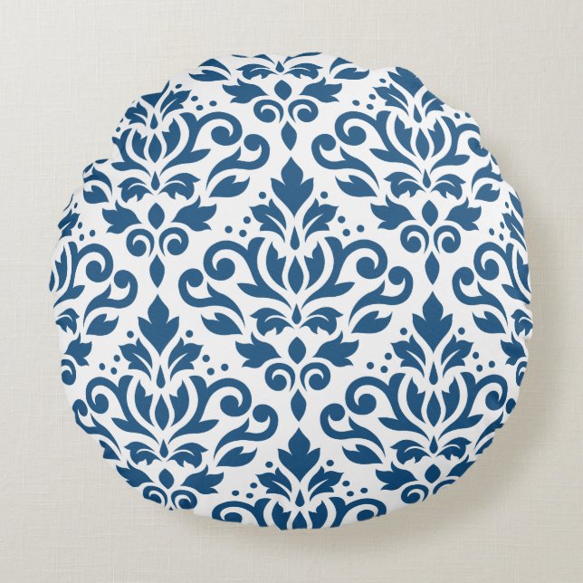 Coussins Ronds Défiler Damask Lg Ptn Dk Blue sur blanc (Devant)