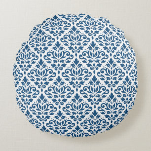 Coussins Ronds Défiler Damask Ptn Dk Blue sur blanc