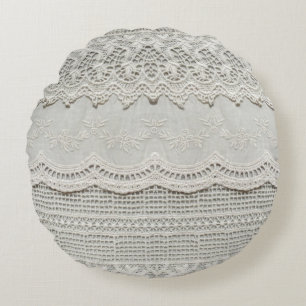 Coussins Ronds Dentelle blanche subtile, gros plan textile.