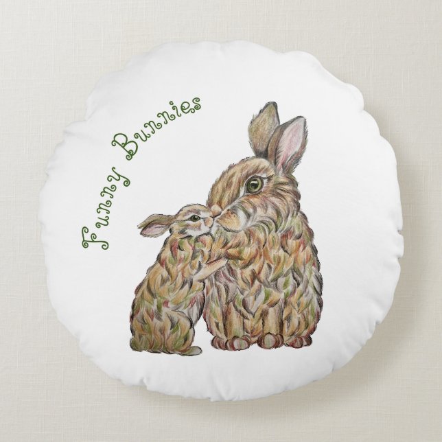 Coussins Ronds Des lapins amusants. Dessin au crayon (Devant)