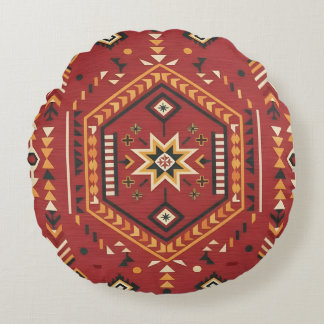 Coussins Ronds Desert Star Nomad – Vibrant Crimson Tribal Art