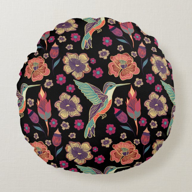 Coussins Ronds Design d'oiseaux floraux | Oeuvre D'Art Inspiré Pa (Devant)