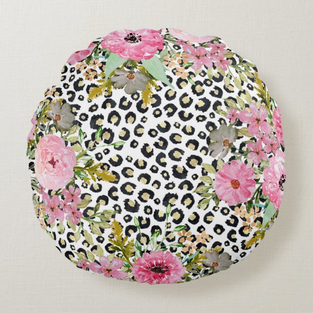 Coussins Ronds Design Empreinte de léopard et floral élégant (Devant)