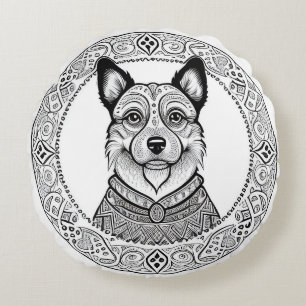 Coussins Ronds Dessin de chien en lignes détaillées