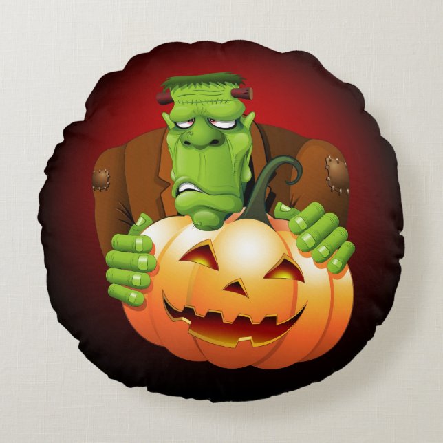 Coussins Ronds Dessin de Frankenstein Monster avec Citrouille (Devant)