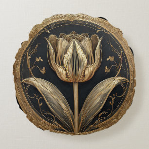 Coussins Ronds Dessin de tulipe or et noir