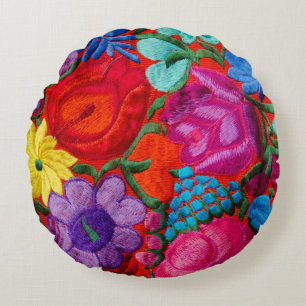 Coussins Ronds Détail d'un textile floral à broderie traditionnel