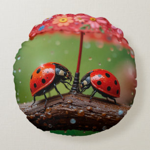 Coussins Ronds Deux coccinelles partageant une goutte de pluie po