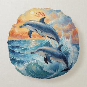 Coussins Ronds Deux dauphins de saut artistique Coucher de soleil