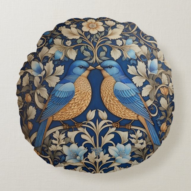 Coussins Ronds Deux Oiseaux Bleus Élégants William Morris Inspiré (Devant)