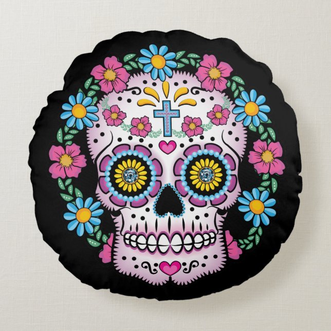 Coussins Ronds Dia de los Muertos Crâne à sucre (Devant)