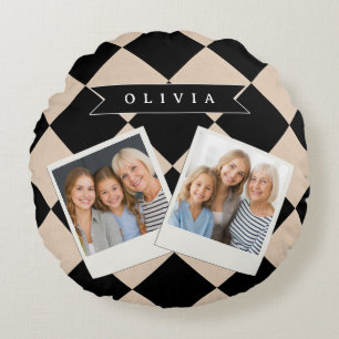 Coussins Ronds Diamant à carreaux noir Harlequin personnalisé