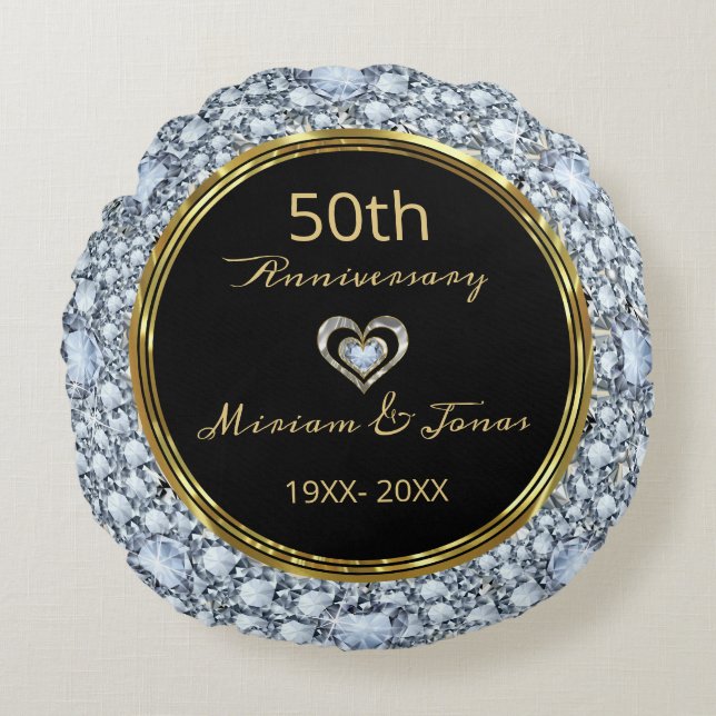 Coussins Ronds Diamants, Black & Gold 50e anniversaire de Mariage (Devant)
