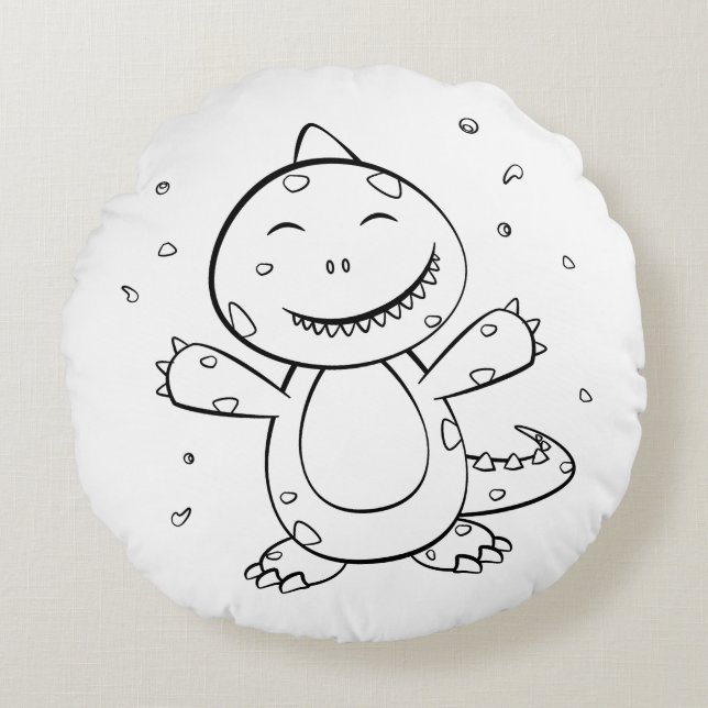 Coussins Ronds Dinosaur - Animal d'art esquissé en noir et blanc (Devant)