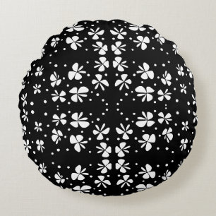 Coussins Ronds Doodle de fleurs noir et blanc