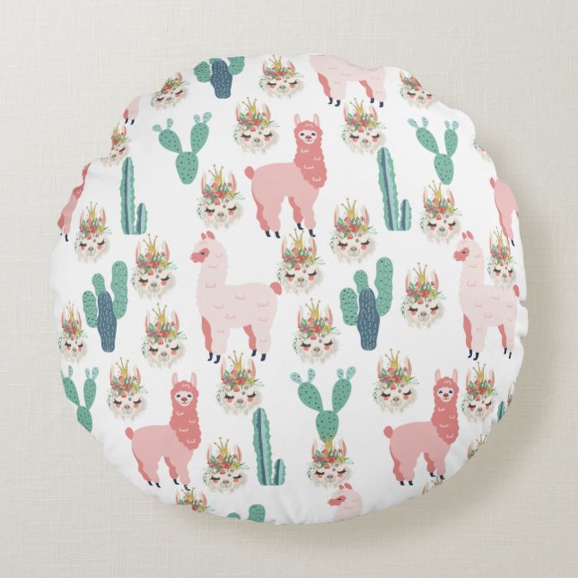Coussins Ronds Doux lama rose et cactus vert (Devant)