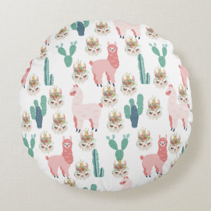 Coussins Ronds Doux Llamas Roses et Cactus Vert