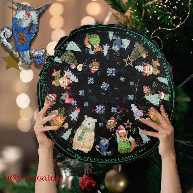 Coussins Ronds Doux moche Noël mignon Animaux (Ugly Sweater Christmas cute Animals Round Pillow (Front))