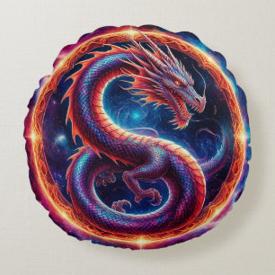 Coussins Ronds Dragon Cosmique Ardente Entouré d'un Anneau Célest