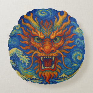 Coussins Ronds Dragon rouge oriental nuit étoile Kanagawa vagues