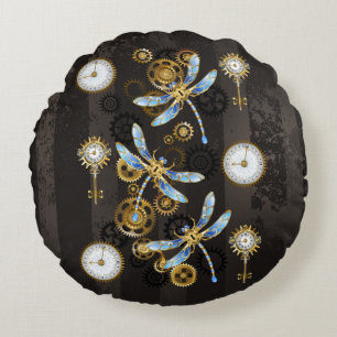 Coussins Ronds Dragonflies de Steampunk sur arrière - plan rayé