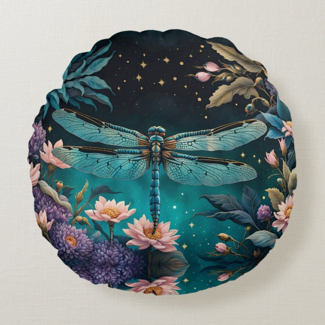 Coussins Ronds Dragonfly dans un jardin fleuri la nuit (Devant)