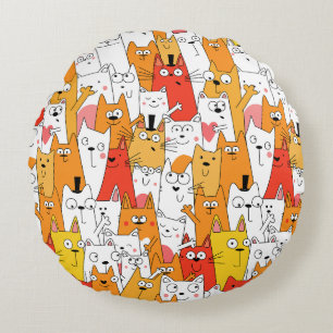 Coussins Ronds Drôle Cartoon Cats Group Doodle