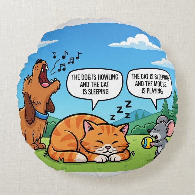 Coussins Ronds Drôle Cartoon Chien, Chat et souris (Devant)