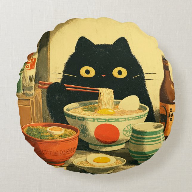 Coussins Ronds Drôle chat noir manger Ramen (Devant)