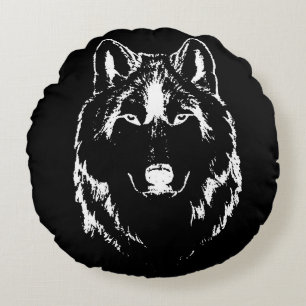 Coussins Ronds Drôle noir et blanc tête de loup croquis