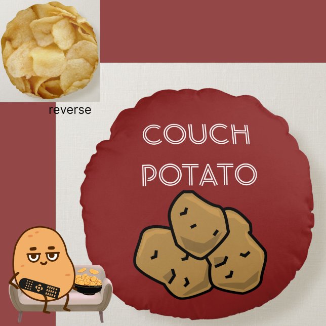 Coussins Ronds Drôle "Pomme de terre de canapé" + Chips de pomme  (This funny Couch Potato cushion is perfect for the lovable sloth in your life. Choice of colors.)